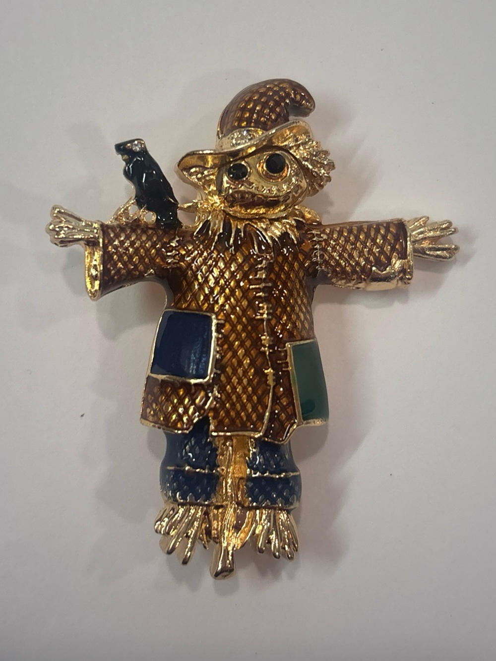 Vintage Gold Tone Scarecrow Pin Crow Gems Hat Crystals Halloween Enamel
